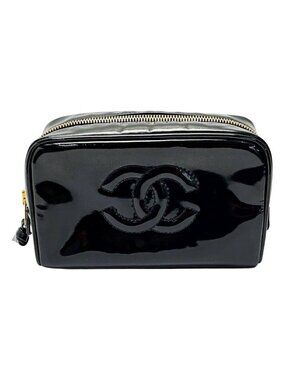 Chanel CC Patent Leather Vanity Cosmetic Makeup Case Pouch Black Bag